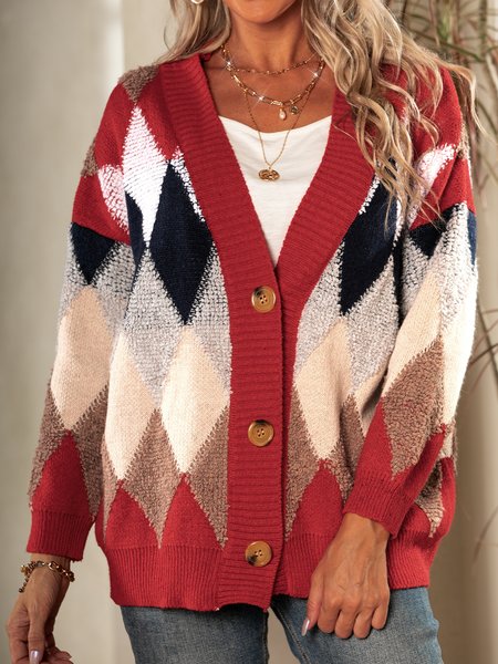 

Knitted Jacquard Long Sleeve Outerwear, Red, Cardigans