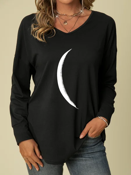 

Moon Printed V Neck Casual Long Sleeve Shift Tunic Tops, Black, T-shirts