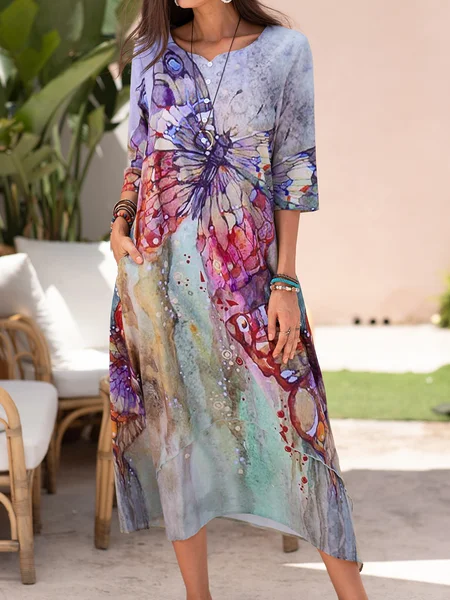 

JFN Round Neck Floral Vacation Midi Dress, Multicolor, Tie dye dress