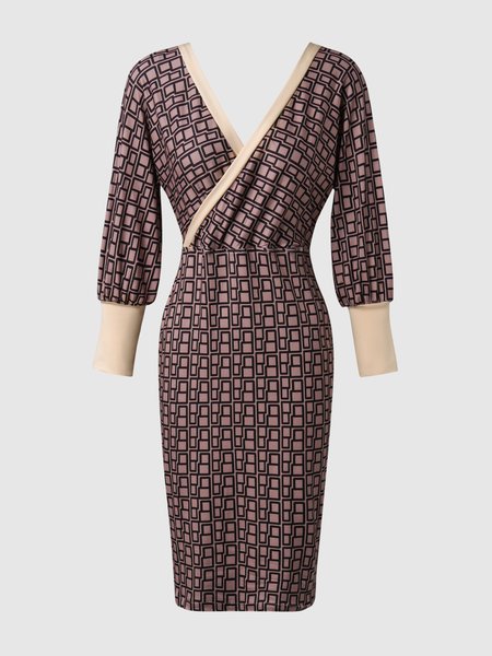 

V Neck Cross Knitting Dress, Brown, Midi Dresses