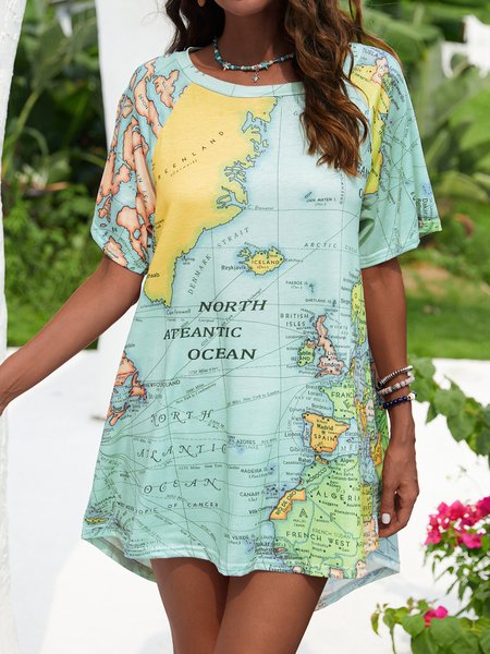 

Casual Cotton-Blend Tops, Blue, T-Shirts