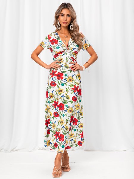 

Floral V Neck Short Sleeve Holiday Weaving Dress, White, Dresses