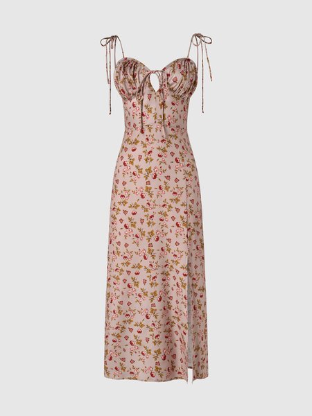 

Floral Knot Shoulder Slit Fitted Dress, Pink, Maxi Dresses