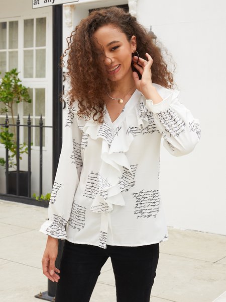 

Work V Neck Long Sleeve Shirts & Tops, White, Shirts & Blouses