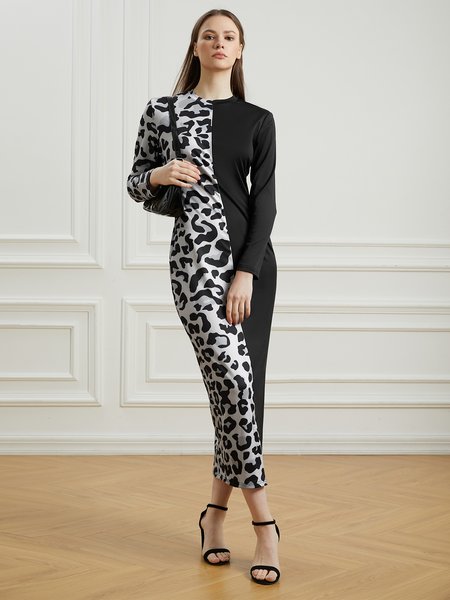 

Crew Neck Long Sleeve Skinny Maxi Dress, As picture, Dresses