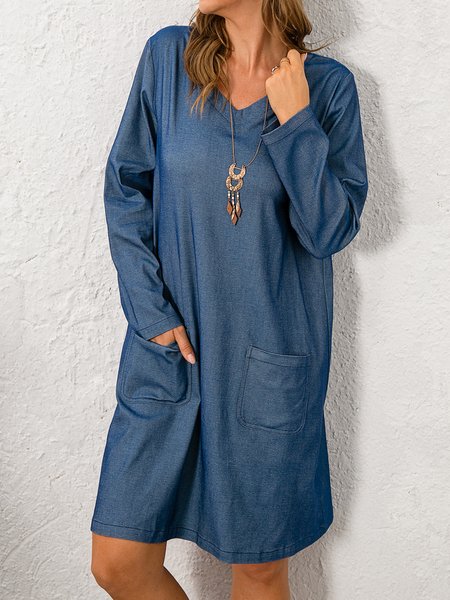 

V Neck Cotton Blends Dresses, Blue, Dresses