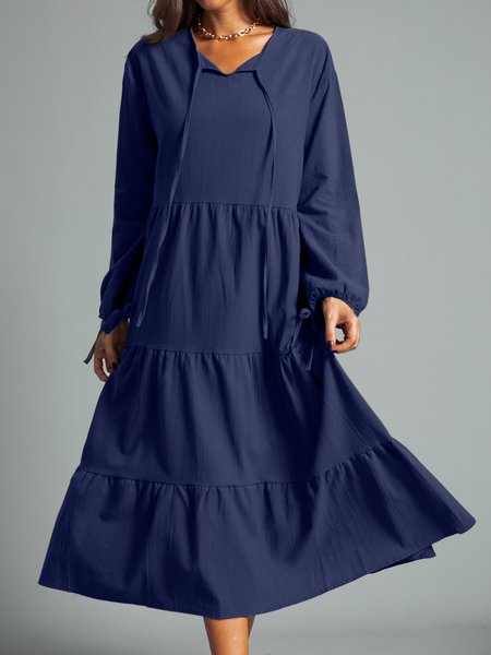 

Cotton-linen Drawstring Crew Neck A-Line Dresses, Purplish blue, Dresses