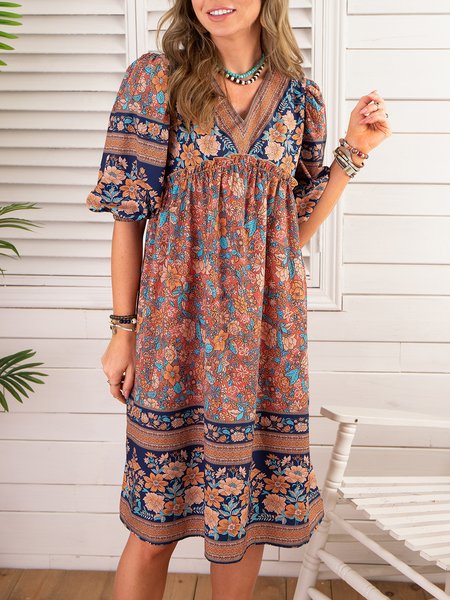 

V Neck Printed Tribal Short Sleeve Boho Dresses, As picture, Boho dresses