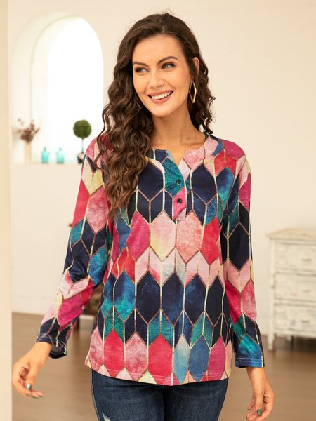 

Women's slim fit V-neck women's top printed V-neck T-shirt, Pink, Long sleeve tops