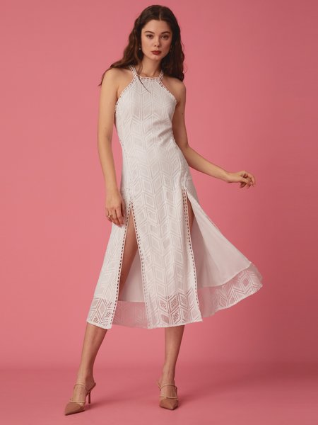 

Slit Lace Blackless Halter Dress, White, Maxi Dresses