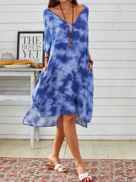 

V Neck Casual Cotton Women Dress, Picture color, Midi Dresses