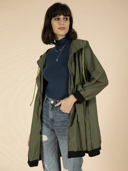 

Drawstring Zipped Hooded Outerwear, Green, Jackets