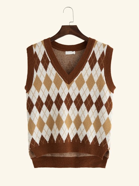 

Vintage V Neck Sleeveless Checkered/Plaid Sweater, Brown, Sweaters & Cardigans