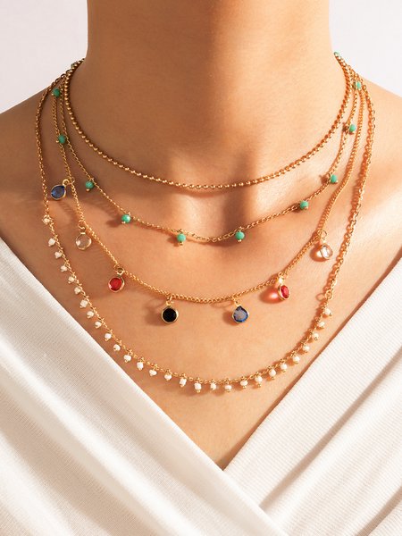 

Bohemian Colored Rice Beads and Diamond Multilayer Necklace, Golden, Necklaces