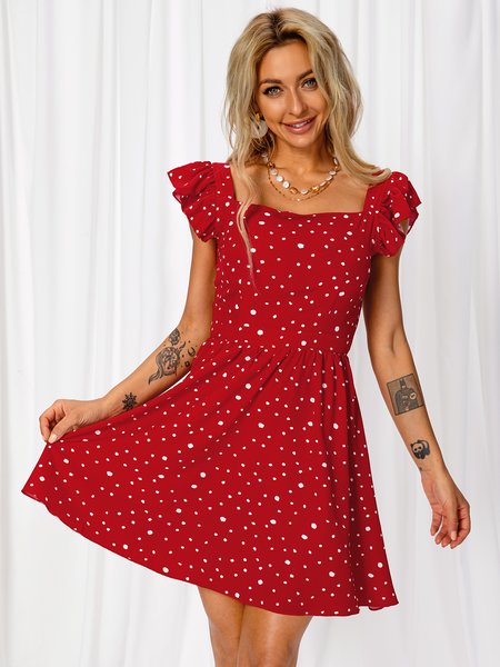 

Sweet Polka Dots Cold Shoulder Square Neck Weaving Dress, Red, Dresses