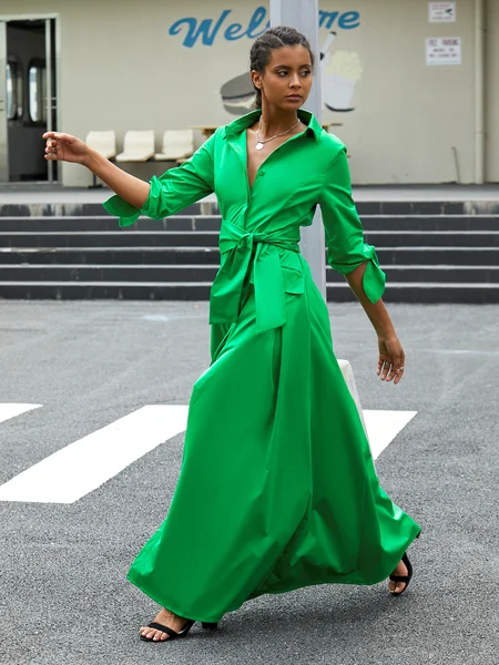 

Long Sleeve Shirt Collar Swing Maxi Dress, Green, Maxi Dresses