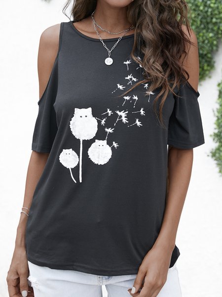 

Cold Shoulder Animal Printed Round Neck Casual T-Shirts, Black, T-Shirts