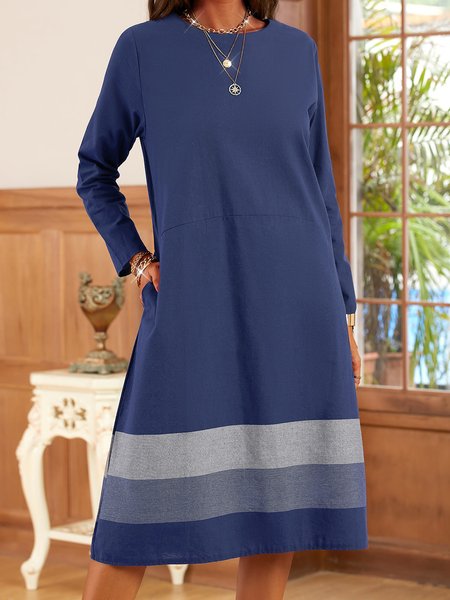

Plain Long Sleeve Holiday Cotton-Blend Dresses, Navyblue, Dresses