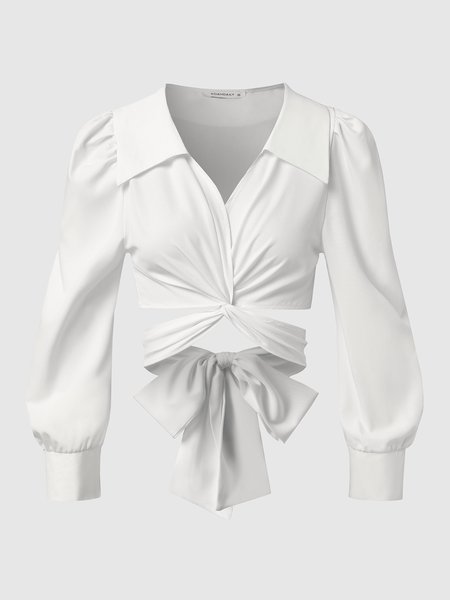 

Lapel Solid Regular Fit Blouse, White, Blouses and Shirts