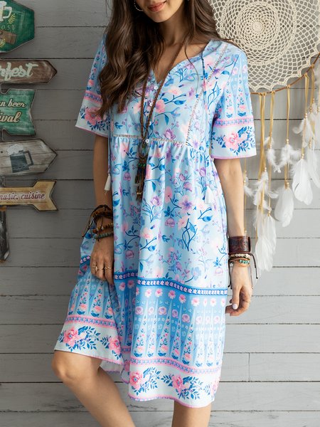 

Short Sleeve Boho Floral Cotton-Blend Weaving Dress, Blue, Floral Dresses