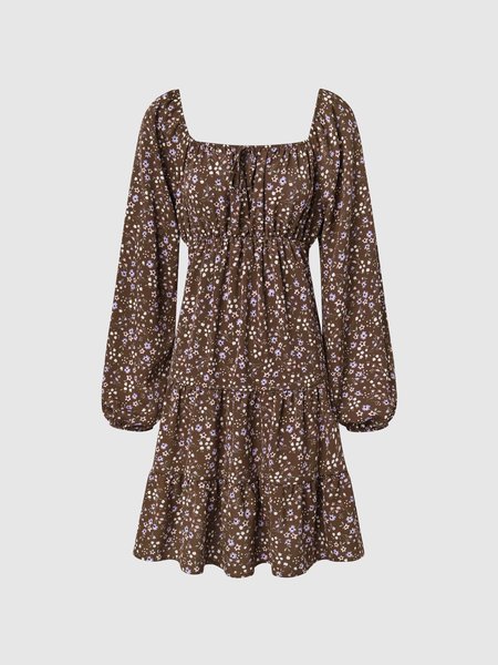 

Square Neck Puff Sleeve Dress, Brown, Mini Dresses