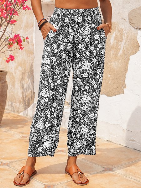 

Floral Vintage Cotton-Blend Pants, As picture, Pants
