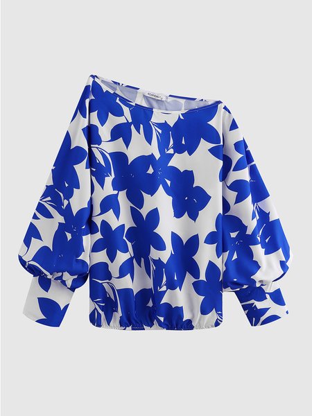 

Romantic Loosen Bishop Sleeve Floral Shirt, Blue, Tops