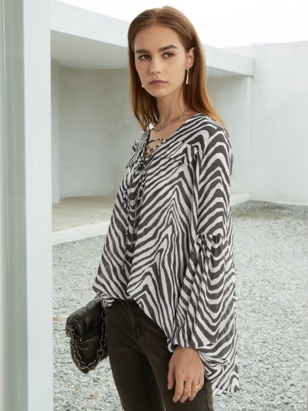 

V Neck Work Zebra Long Sleeve Top, As picture, Blouses and Shirts