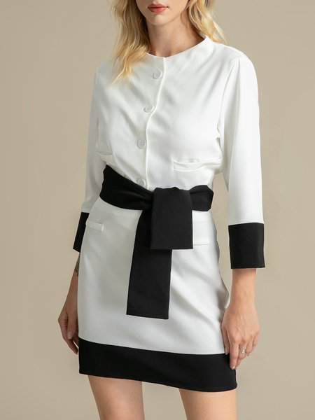 

Solid Turtleneck Work Suit, White-black, Two-piece Set