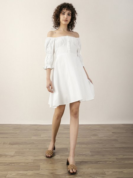 

Boat Neck Solid Elegant Puff Sleeve Dress, White, Mini Dresses