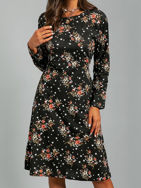 

Sweet Floral A-Line Long Sleeve Dresses, Black, Mini Dresses
