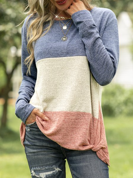 

crew neck casual long sleeve cotton Tops, Blue-orange, Blouses & Shirts