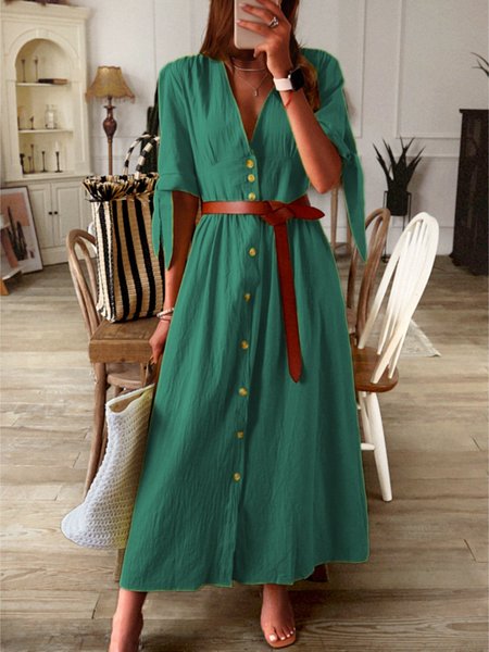 

Women Half Sleeve V-neck Solid Elegant Casual Dress, Green, Elegant Dresses