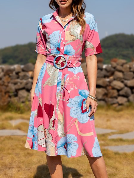 

Cotton-Blend Short Sleeve Dress, Pink, Midi Dresses