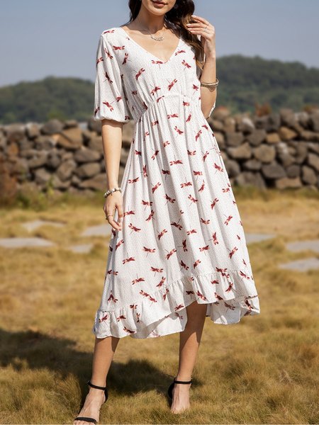 

Half Sleeve Cotton-Blend Casual Dress, White, Midi Dresses