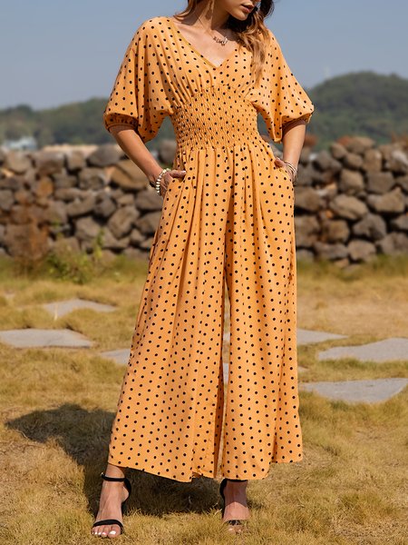 

V Neck Sweet Cotton-Blend Half Sleeve One-Pieces, Brown, Jumpsuits
