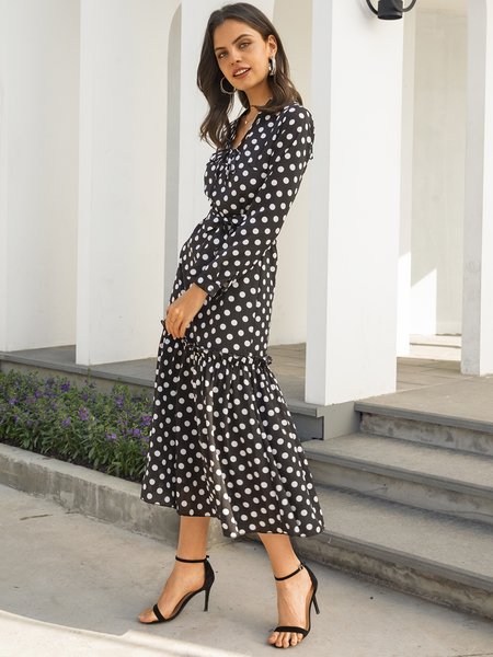 

Lace-Up Long Sleeve Polka Dots Weaving Dress, Black, Auto-clearance