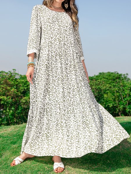 

3/4 Sleeve Floral-Print Floral Casual Dress, Green, Maxi Dresses
