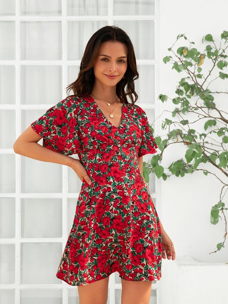

V Neck Shift Floral Dress, Red, Midi Dresses