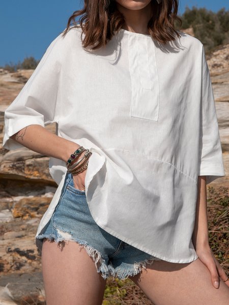 

Plain Crew Neck Casual Shift Top, White, Blouses and Shirts