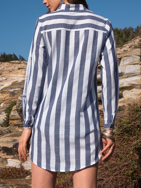 

Long Sleeve Stripes Shawl Collar Mini Dress, Blue, Mini Dresses