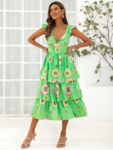 

V Neck Casual Floral Dress, Green, Midi Dresses