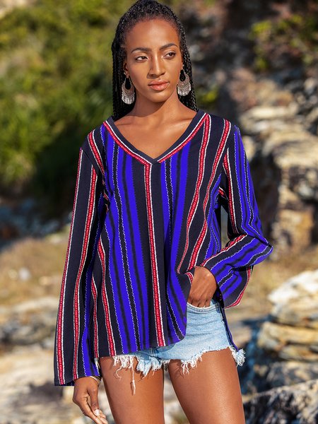 

Casual Printed V Neck Top, Blue, Blouses and Shirts