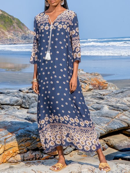 

V Neck Daily Casual Holiday Beach Midi Dress, Blue, Midi Dresses