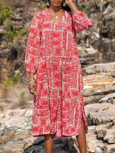 

Red Cotton-Blend Paneled Long Sleeve Dress, Maxi Dresses
