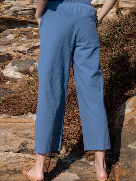 

Casual Plain Pants, Blue, Wide Leg Pants