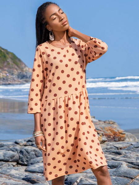 

Long Sleeve Crew Neck Polka Dots Paneled Dress, Pink, Midi Dresses