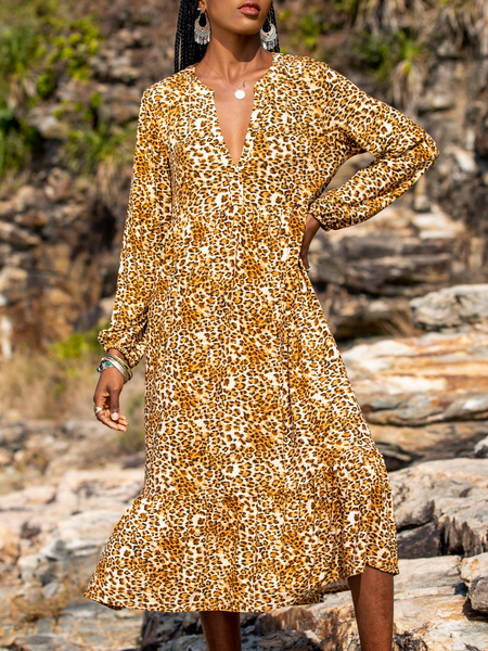 

Scollo a V Maniche Lunghe Gonna Casuale, Caffè, Maxi Dresses