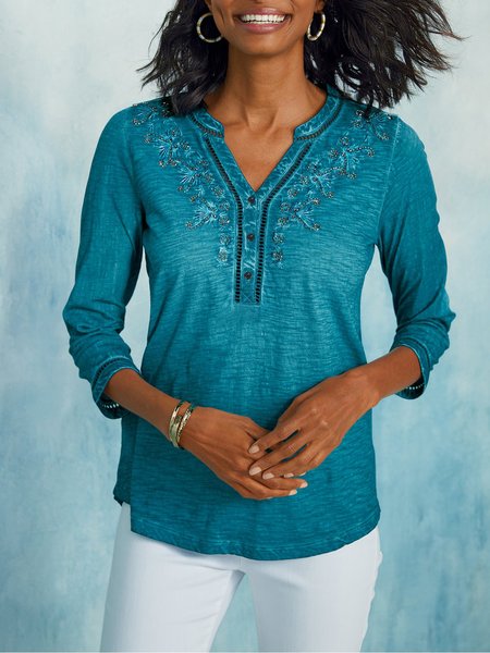 

Cotton-Blend Printed Long Sleeve V-neck Top, Ocean blue, Tees & T-shirts