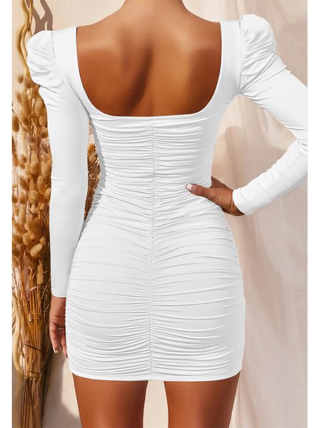 

Square Neck Long Sleeve Sexy Mini Sheath Dress, White, Dresses